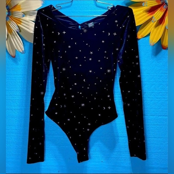 wild fable Tops - Whimsigoth Open Back Celestial Velvet Bodysuit in Midnight Black